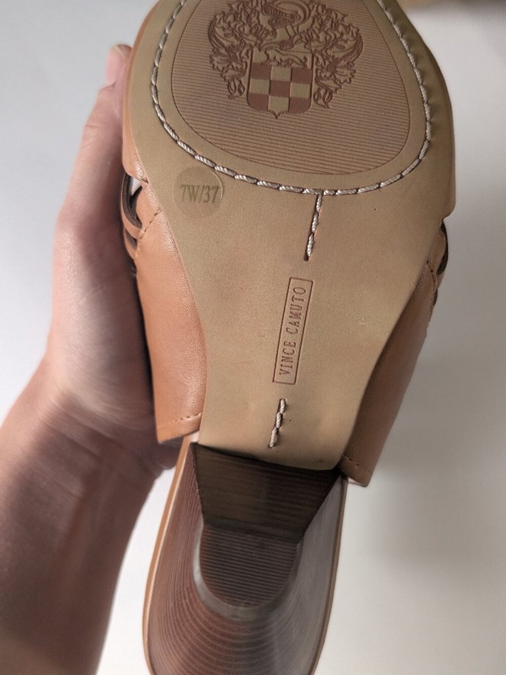 Vince Camuto Effel Gladiator Cage Sandals Tan Leather Cone Heel Spring Boho 7W - Picture 2 of 5